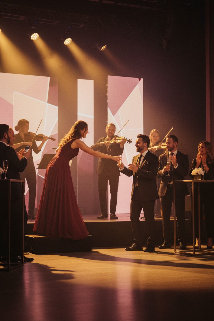 A woman in a long red dress hands a glass of champagne to a man in a suit on a stage while musicians play violins in the background.