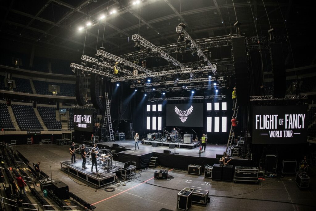 A band rehearses on a large concert stage inside an empty arena with "Flight of Fancy World Tour" signage displayed on screens.