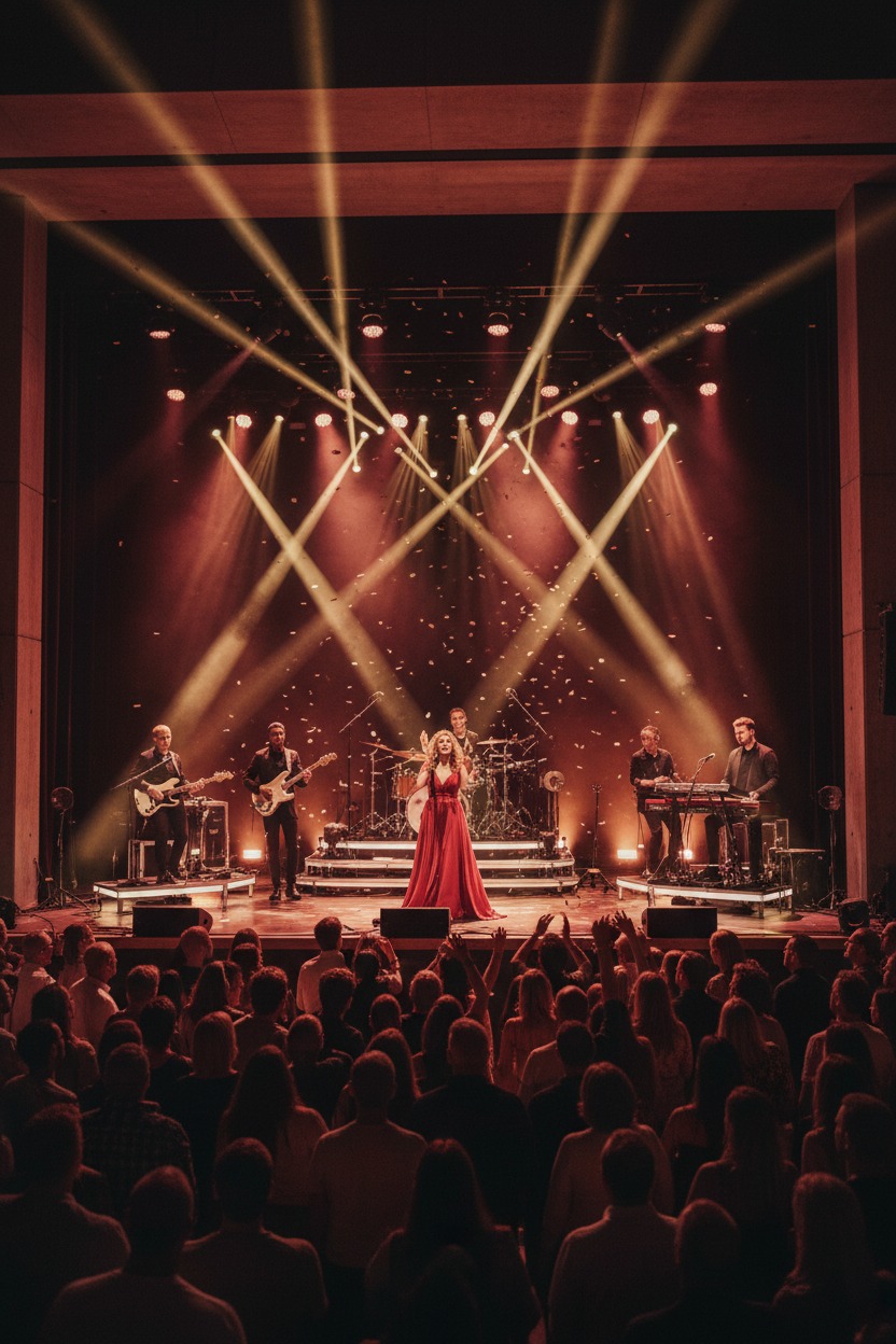 A female singer in a red gown performs on a stage with a live band under dramatic spotlights as confetti falls before an audience.