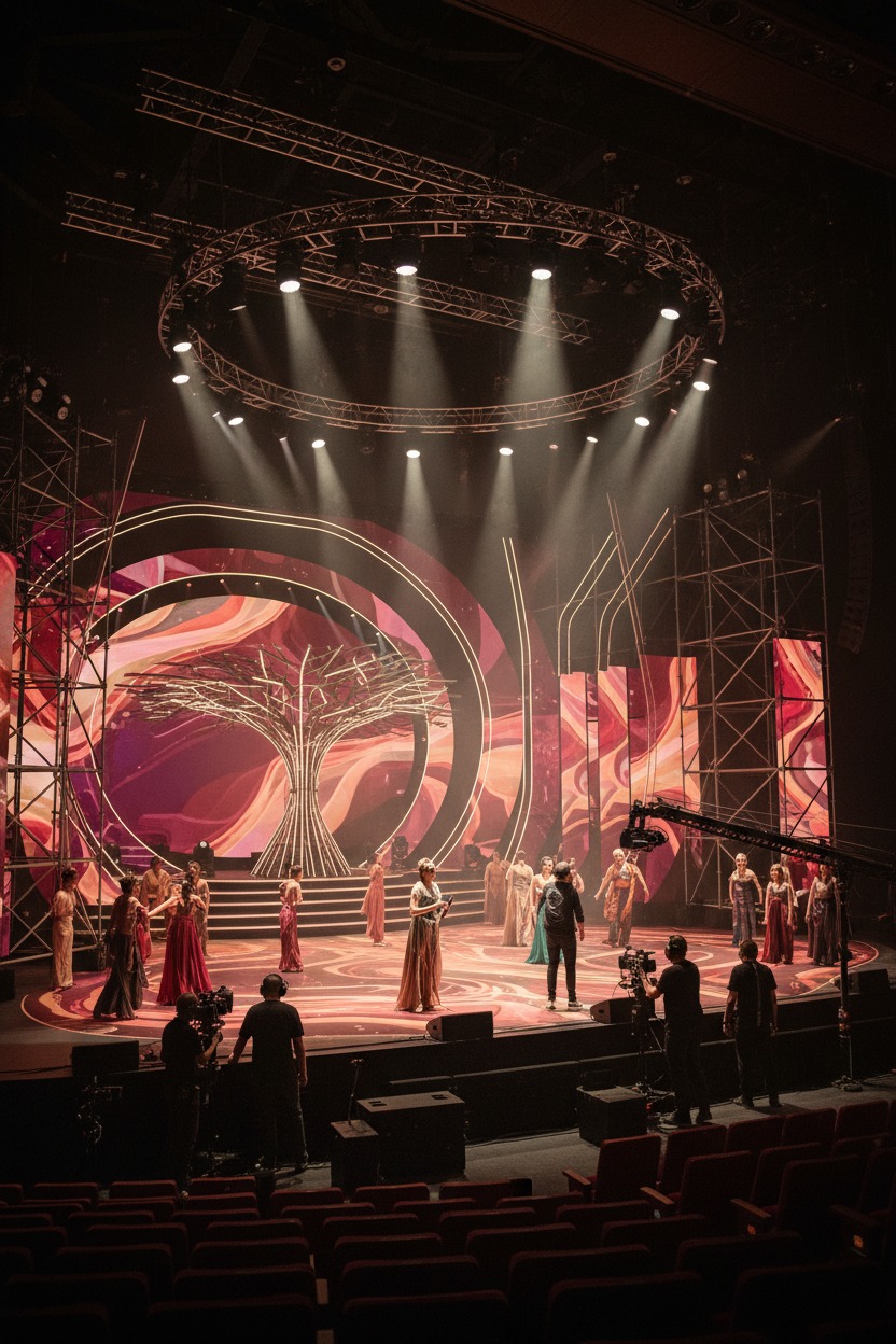 Performers in flowing gowns stand on a stage with a large, illuminated tree sculpture and abstract digital backdrop while camera crews film the scene.