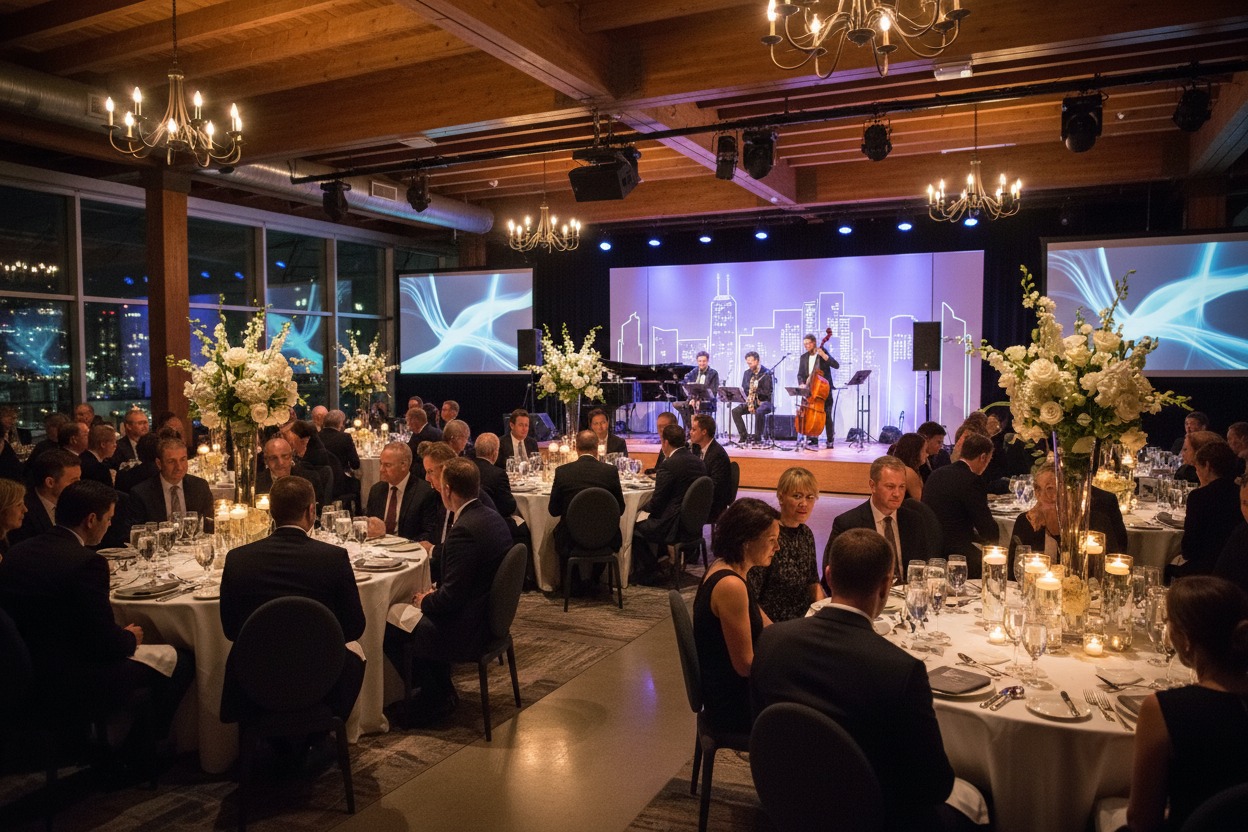 Guests sit at round tables in a dimly lit banquet hall while a jazz trio performs on a stage with a city skyline backdrop.