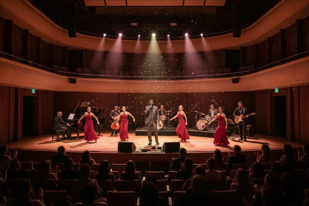A male singer and three women in red dresses perform on a concert hall stage while confetti falls under bright spotlights.