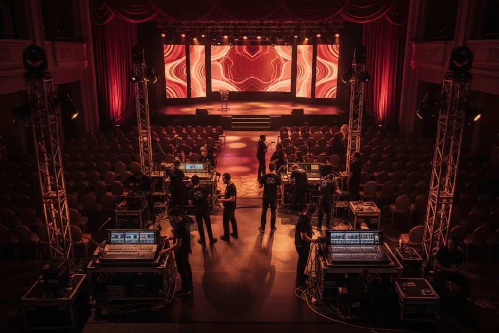 A production crew sets up audio and lighting equipment in a theater with rows of empty seats facing a stage with large digital screens.