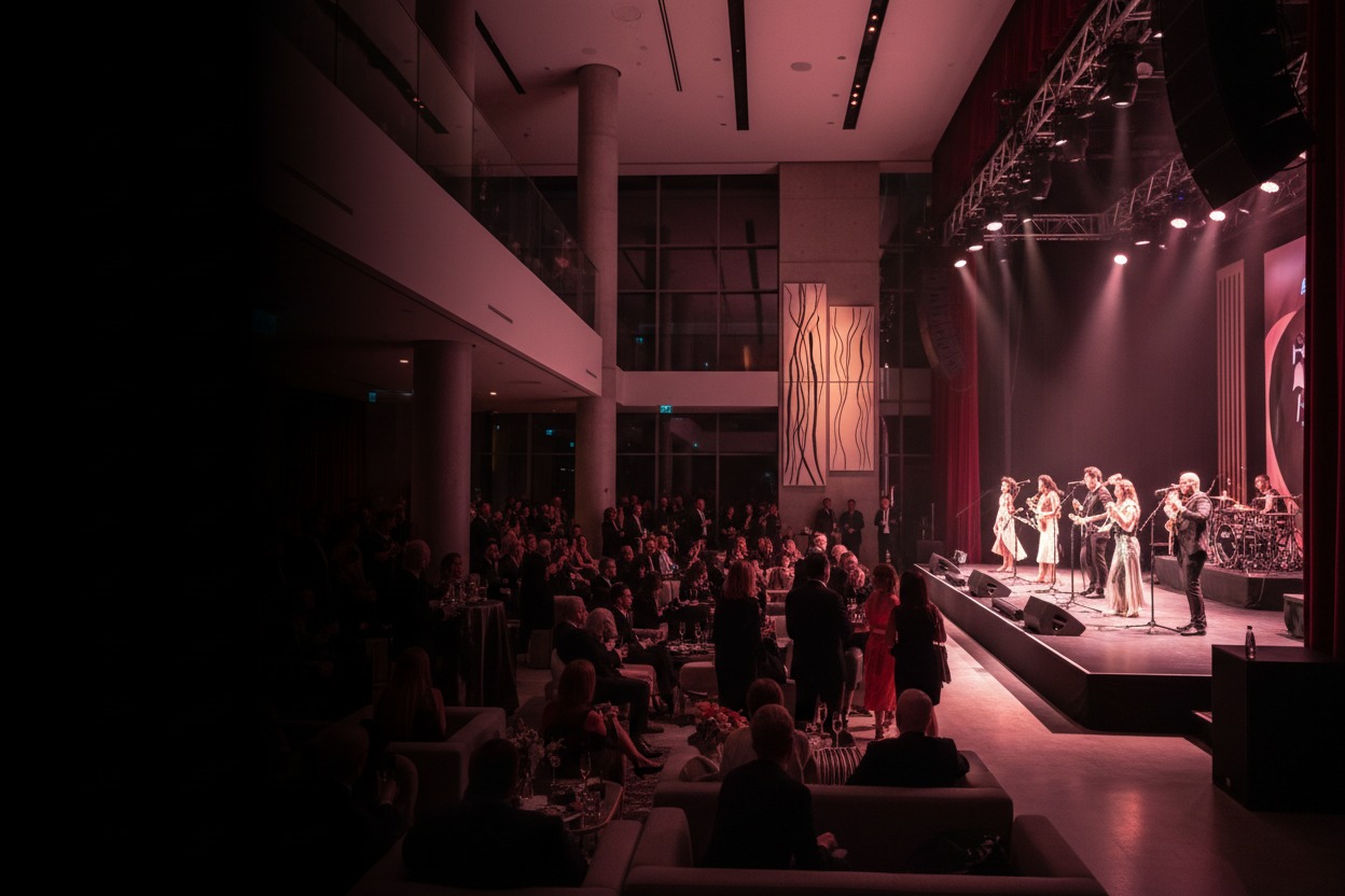 A band performs on a stage for an audience seated in a dimly lit, modern event hall.